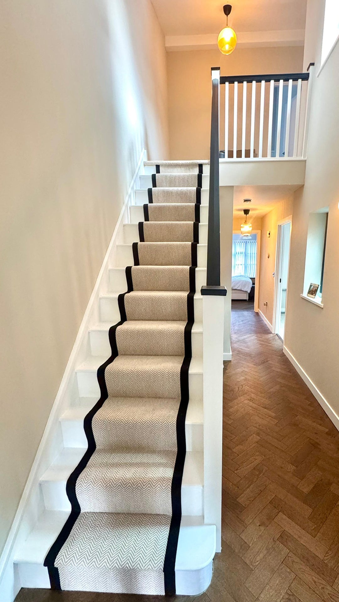 Herringbone Chalk Beige Wool Stair Runner with 100% Black Cotton Border